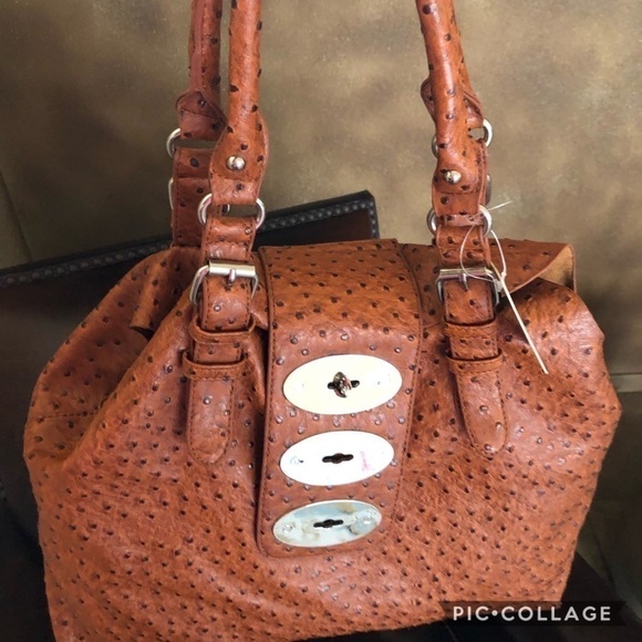 Cognac Colored Faux Ostrich Bag - Picture 3 of 5